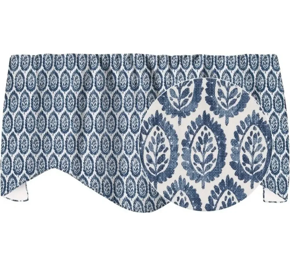 Blue Curtain Valance Swag Rod Pocket, Print Motif Lined Made in USA, 53x18 In